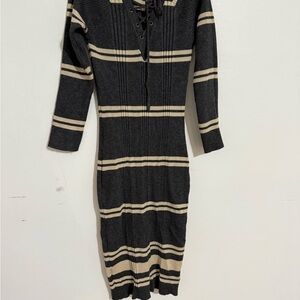 Pink Rose Black and Cream Striped Long Sleeve Dress